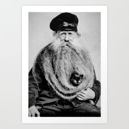 Kitten in the Beard of Old Man black and white photograph Art Print