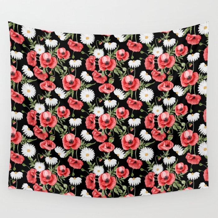 Daisy and Poppy Seamless Pattern on Black Background Wall Tapestry