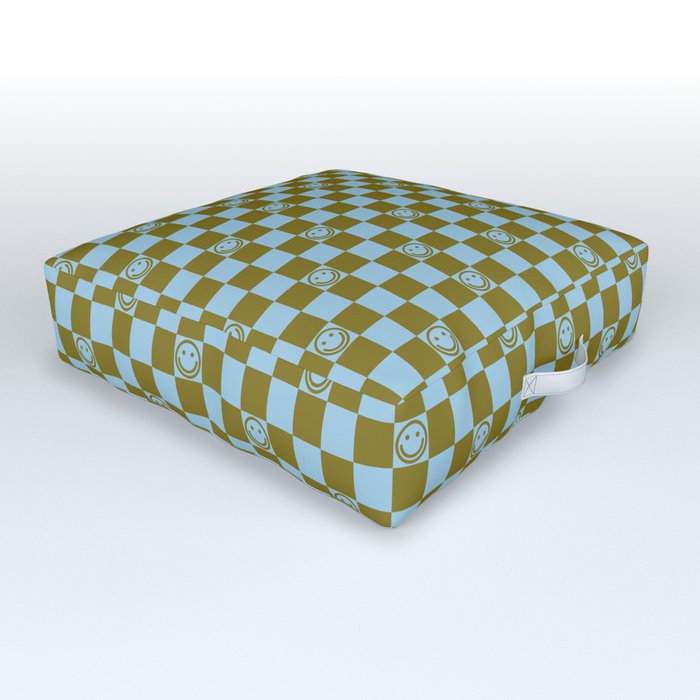 Checkered Smiley Faces \\ Autumn Grass Color & Pastel Blue Outdoor Floor Cushion
