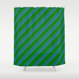[ Thumbnail: Royal Blue and Green Colored Stripes/Lines Pattern Shower Curtain ]
