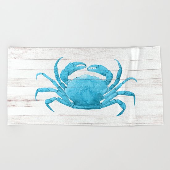 Nautical Blue Crab Driftwood Dock Beach Towel