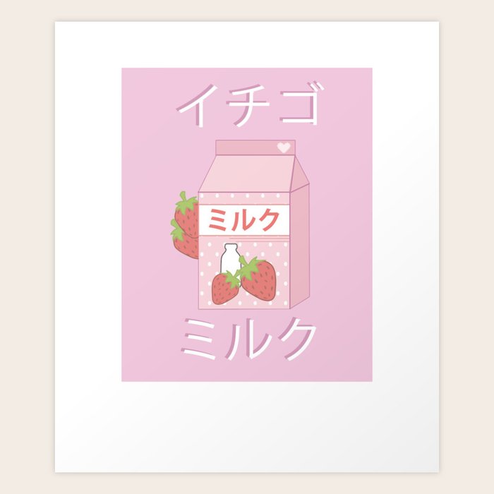 Japanese Milk Carton design Gift Strawberry milkshake graphic Art Print