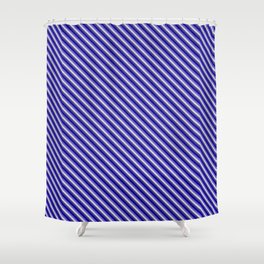 [ Thumbnail: Slate Blue, Light Grey, Dark Slate Blue, and Dark Blue Colored Lined/Striped Pattern Shower Curtain ]