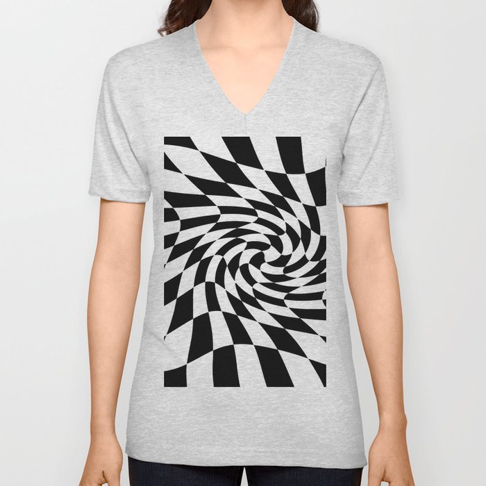 Black and White Optical Illusion Checker Board Swirl V Neck T Shirt