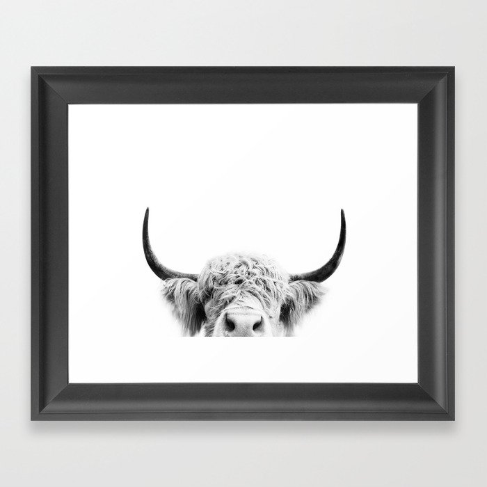 Peeking Cow BW Framed Art Print