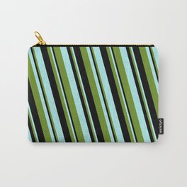 [ Thumbnail: Green, Black & Turquoise Colored Lines Pattern Carry-All Pouch ]