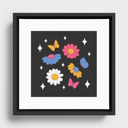 Retro daisies with butterflies and sparkles on black. Framed Canvas
