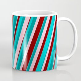 [ Thumbnail: Dark Turquoise, Dark Cyan, Pink & Maroon Colored Pattern of Stripes Coffee Mug ]