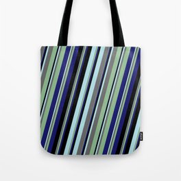 [ Thumbnail: Powder Blue, Dim Gray, Dark Sea Green, Midnight Blue, and Black Colored Lines/Stripes Pattern Tote Bag ]