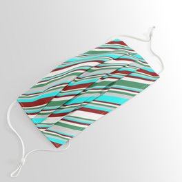 [ Thumbnail: Eyecatching Sea Green, Light Grey, Cyan, Dark Red, and White Colored Lines Pattern Face Mask ]