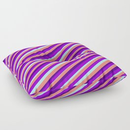 [ Thumbnail: Dark Violet, Turquoise, Salmon, and Indigo Colored Lined Pattern Floor Pillow ]