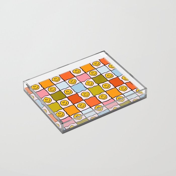 Rainbow Happy Face Checkered Print Acrylic Tray
