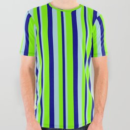 [ Thumbnail: Powder Blue, Dark Blue, and Chartreuse Colored Lines Pattern All Over Graphic Tee ]