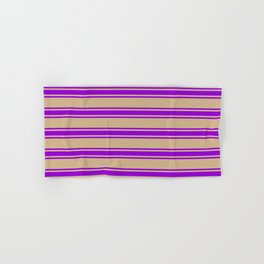 [ Thumbnail: Tan and Dark Violet Colored Lined/Striped Pattern Hand & Bath Towel ]