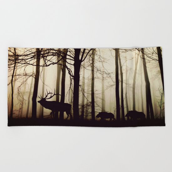 Forest night deer Beach Towel