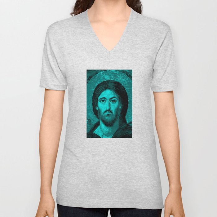 Jesus Icon Blue V Neck T Shirt