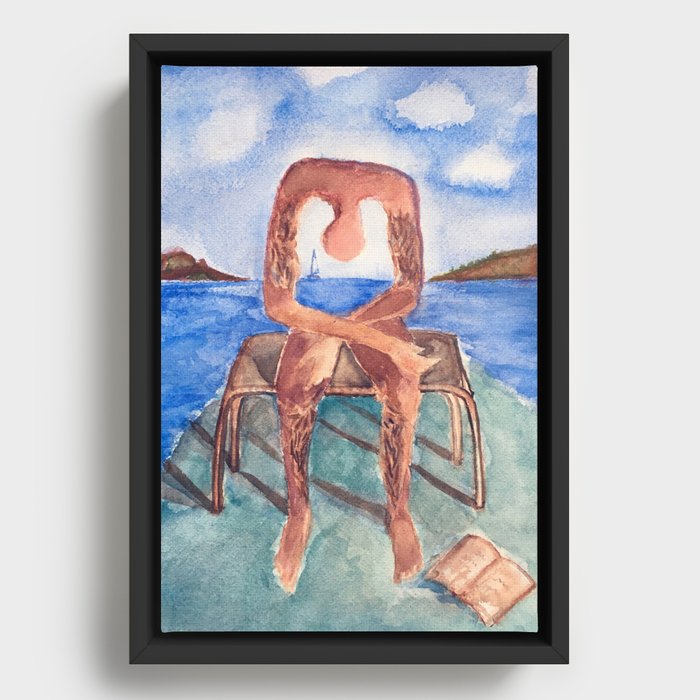 spin-off art: melancholie sculpture with a dropped open book and sea view Framed Canvas