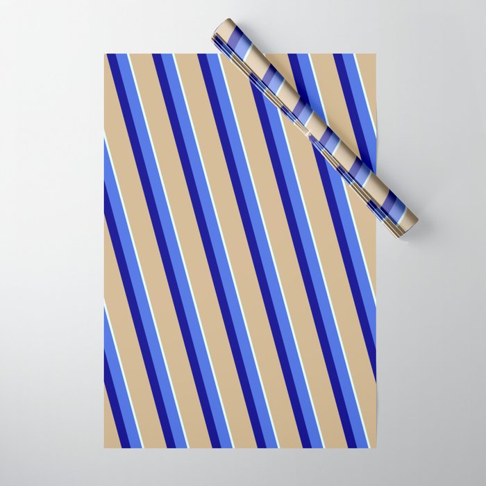 Royal Blue, Dark Blue, Tan & Light Cyan Colored Stripes/Lines Pattern Wrapping Paper