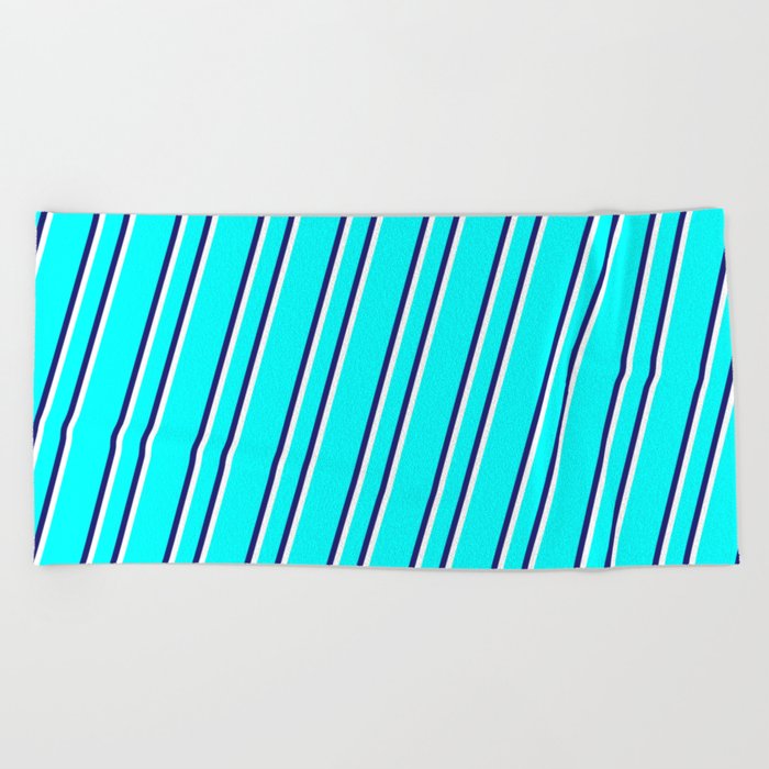 Aqua, Midnight Blue, and White Colored Stripes Pattern Beach Towel