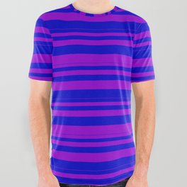 [ Thumbnail: Dark Violet and Blue Colored Lines Pattern All Over Graphic Tee ]