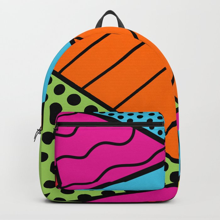 90s Geometric Fashion Pattern Background Triangle Polka Dots Bright Colors Wavy Lines and Neons Backpack