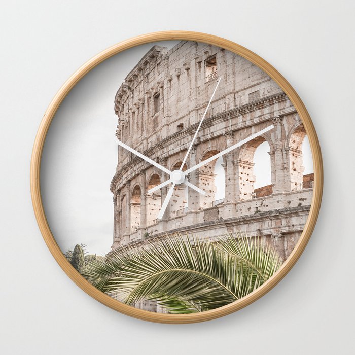 The Roman Colosseum Palm Photo | Italy Travel Photography Art Print In Soft Colors | Architecture In Rome City Wall Clock