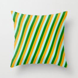 [ Thumbnail: Orange, Turquoise, and Green Colored Lined Pattern Throw Pillow ]