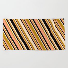 [ Thumbnail: Bisque, Dark Goldenrod, Light Salmon & Black Colored Stripes/Lines Pattern Beach Towel ]