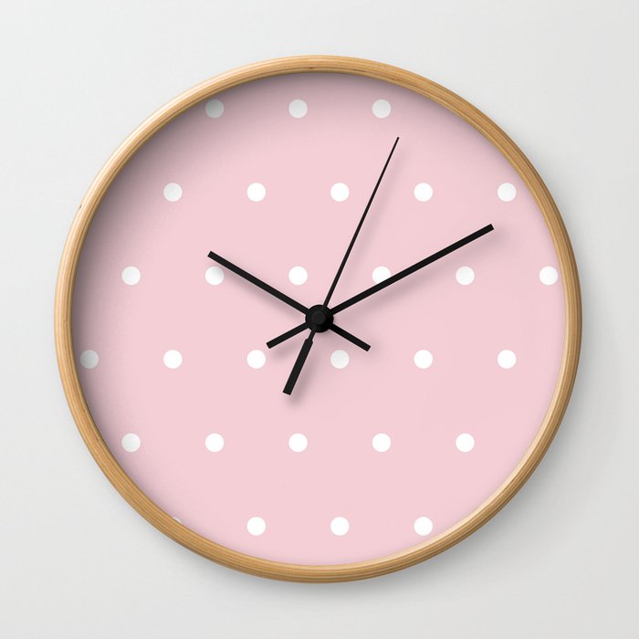 Big white polka dots pattern on light pink background Wall Clock