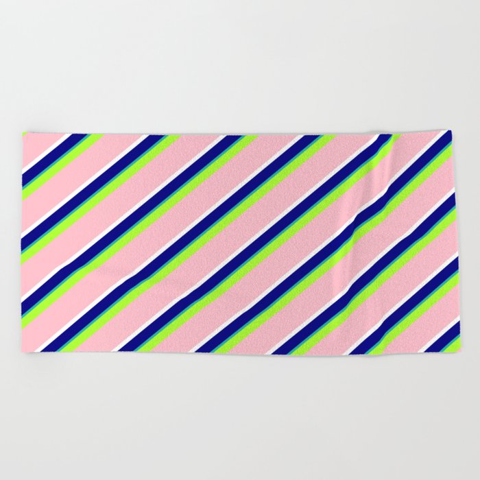 Vibrant Light Green, Pink, White, Blue & Light Sea Green Colored Lined/Striped Pattern Beach Towel