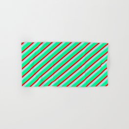 [ Thumbnail: Green, Red & Powder Blue Colored Striped Pattern Hand & Bath Towel ]