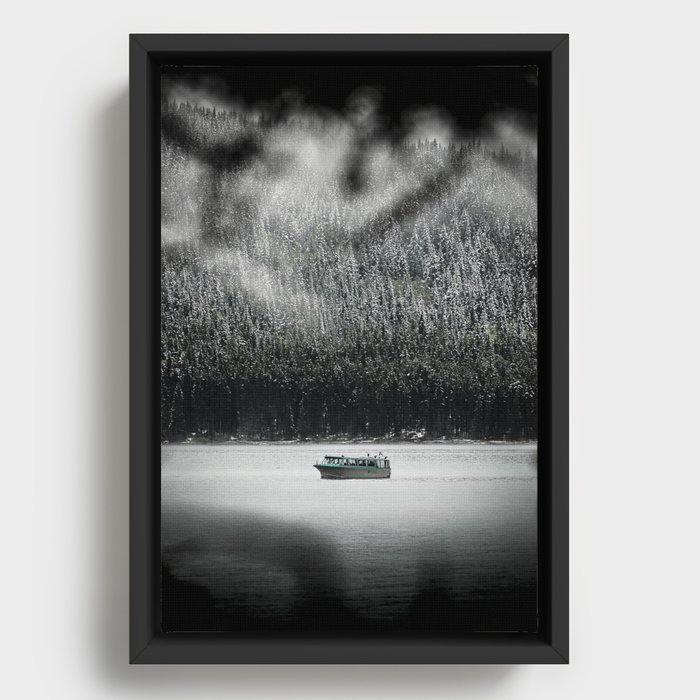 Turquoise Boat on Lake Minnewanka  Framed Canvas