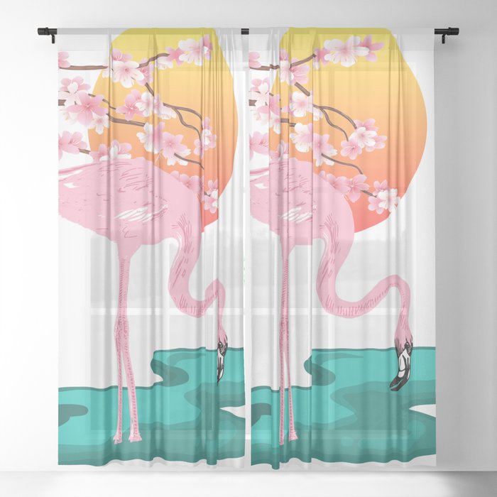 Flamingo Pond and Cherry Blossoms Sheer Curtain