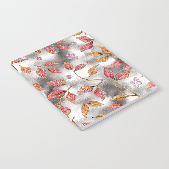 Autumworld- Sparkling pink glitter leaves on silver background #Society6 Notebook