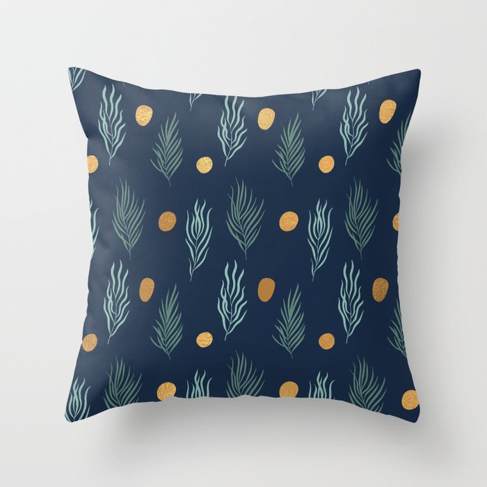 Gold dot and deep blue leaf pattern Throw Pillow