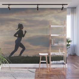 Running woman morning workout. Female Runner. Jogging during sunrise. Workout in a Park. Sporty Wall Mural