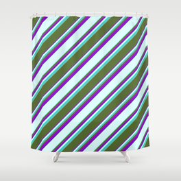 [ Thumbnail: Turquoise, Dark Olive Green, Dark Violet & Light Cyan Colored Striped/Lined Pattern Shower Curtain ]