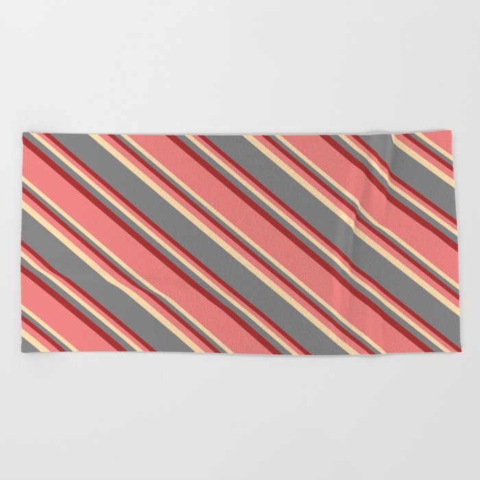 Light Coral, Tan, Gray & Brown Colored Striped Pattern Beach Towel