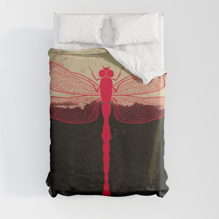 Big Dragonfly In Red And Black Duvet Cover