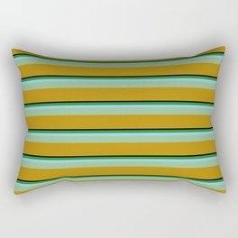 [ Thumbnail: Vibrant Black, Forest Green, Light Sky Blue, Dark Sea Green & Dark Goldenrod Colored Stripes Pattern Rectangular Pillow ]