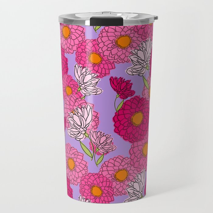 Retro Modern Mums Mid-Century Floral Pattern Purple Travel Mug