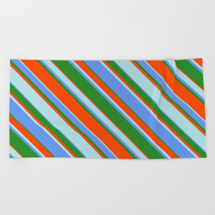 Cornflower Blue, Forest Green, Red, and Powder Blue Colored Lines Pattern Beach Towel
