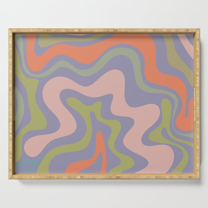 Liquid Swirl Retro Abstract Pattern 4 in Lavender Blue, Celadon, Lime Green, Cantaloupe Orange, and Pale Pink Serving Tray