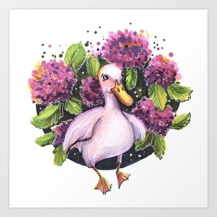 Cute duck in purple flowers hydrangea traditional illustration Art Print