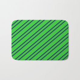 [ Thumbnail: Lime Green, Blue, and Forest Green Colored Lined Pattern Bath Mat ]