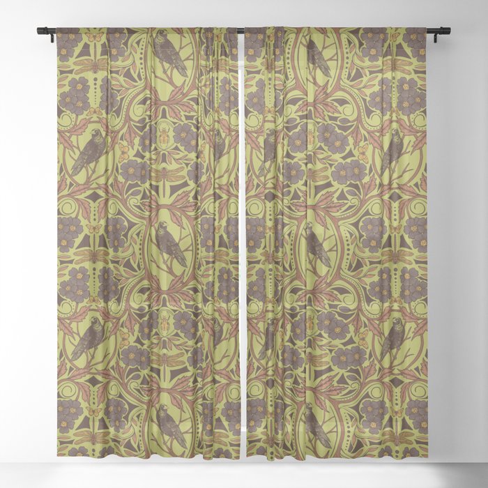 Crow & Dragonfly Floral in Retro Olive Green & Orange Sheer Curtain