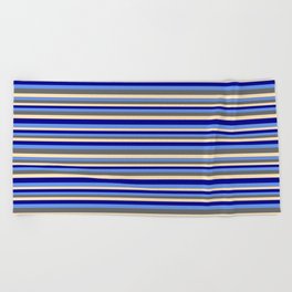[ Thumbnail: Beige, Dark Blue, Cornflower Blue, and Dim Gray Colored Stripes Pattern Beach Towel ]
