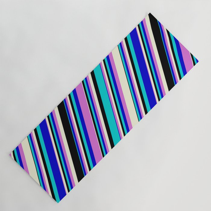 Eye-catching Dark Turquoise, Blue, Orchid, Beige, and Black Colored Stripes Pattern Yoga Mat