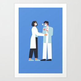 Female nurse taking care of sick man patient cartoon illustration Art Print