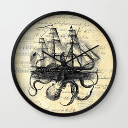Kraken Octopus Attacking Ship Multi Collage Background Wall Clock